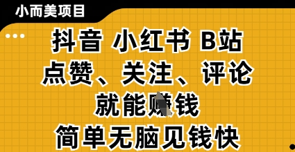 小而美的项目，抖音小红书B站视频点赞、关注、评论就能挣钱，简单无脑立见收益，妥妥的零撸项目【揭秘】-搞钱基地